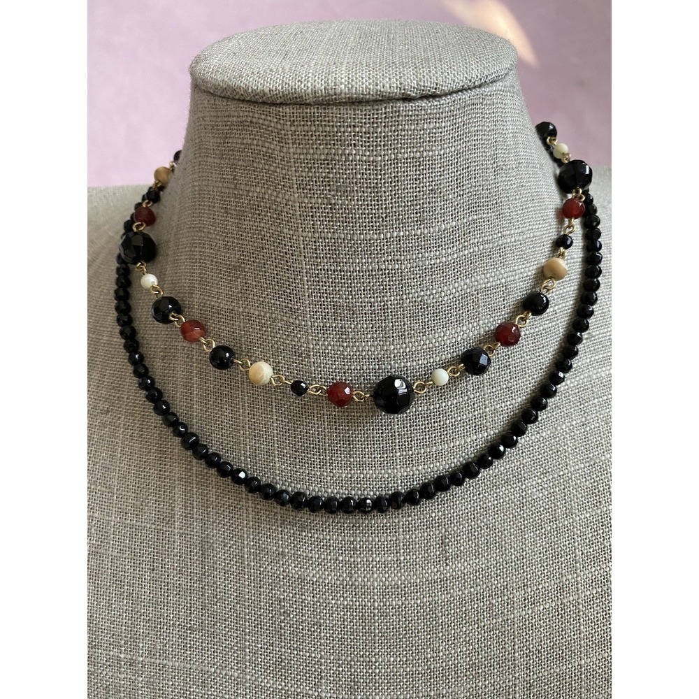 Two Strand Graduated Black Beads W/ Gold Tone Spacers Choker Necklace 14"+3"Adj